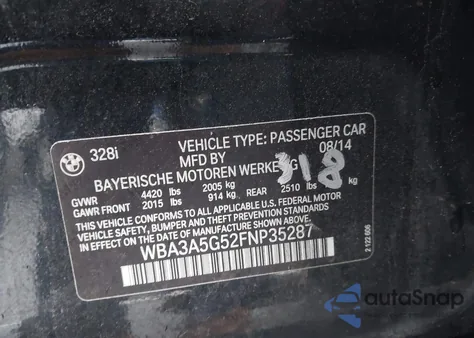 2015 BMW 328I из США, поврежденный, VIN WBA3A5G52FNP35287